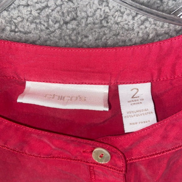 Chico's Button Up Womens 2 Red Solid Long Sleeve Pockets High Low Casual Adult - Picture 4 of 15
